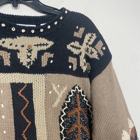 Sigrid Olsen Small Hand Knitted Sweater Boho Black Brown Ramie Cotton Crew Neck - Picture 4 of 7